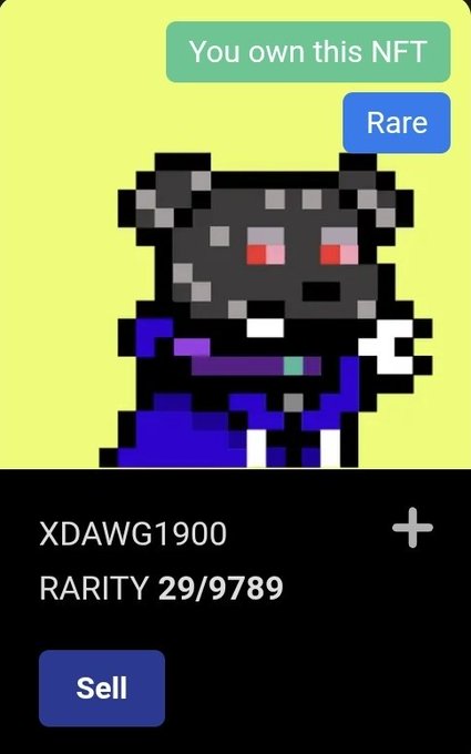 A pixel-art NFT titled 'XDAWG1900' with a rarity ranking of 29/9789, labeled 'Rare' and 'You own this NFT', featuring a character with red eyes in dark clothing with a 'Sell' button below.
