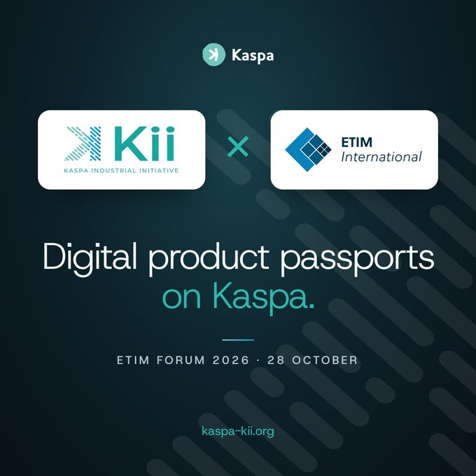 Promotional poster for Kaspa x Kii x ETIM International announcing “Digital product passports on Kaspa” and Kii’s keynote at the ETIM Forum 2026 on 28 October. It references KiiWORKS, using ETIM manufacturing data for product passports that anyone can verify on Kaspa, with “kaspa-kii.org” and “#Kaspa” included.