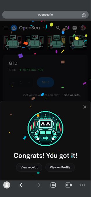 A mobile screenshot of opensea.io showing a successful NFT mint confirmation with the message 'Congrats! You got it!' featuring a robot pixel art design with confetti.