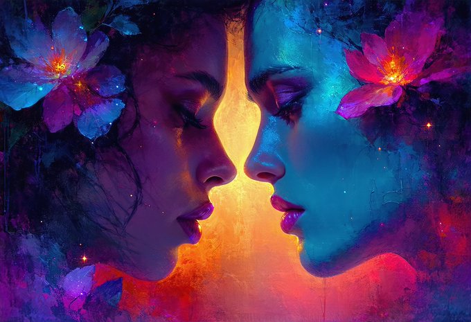 A vibrant digital painting of two women's faces in profile facing each other, illuminated by warm and cool colorful light with glowing flowers.