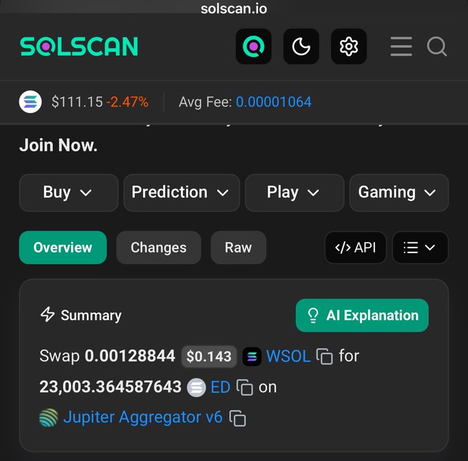 A Solscan.io blockchain explorer page shows a token swap summary of 0.00128844 WSOL ($0.143) for 23,003.364587643 ED tokens via Jupiter Aggregator v6, with SOL priced at $111.15 (-2.47%).