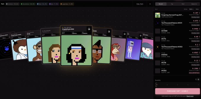 A digital NFT marketplace interface displays a row of pixel-art character cards from collections like CryptoPunk #2922 and Forgiving Hottrod Fng, with the CryptoPunk card highlighted and its 0.4587 ETH price visible in a side panel above a "SPIN/ART" purchase button. The image showcases the gacha-style spinning wheel marketplace referenced in the post, where users can buy and "spin" NFTs priced in ETH rather than cryptocurrency.