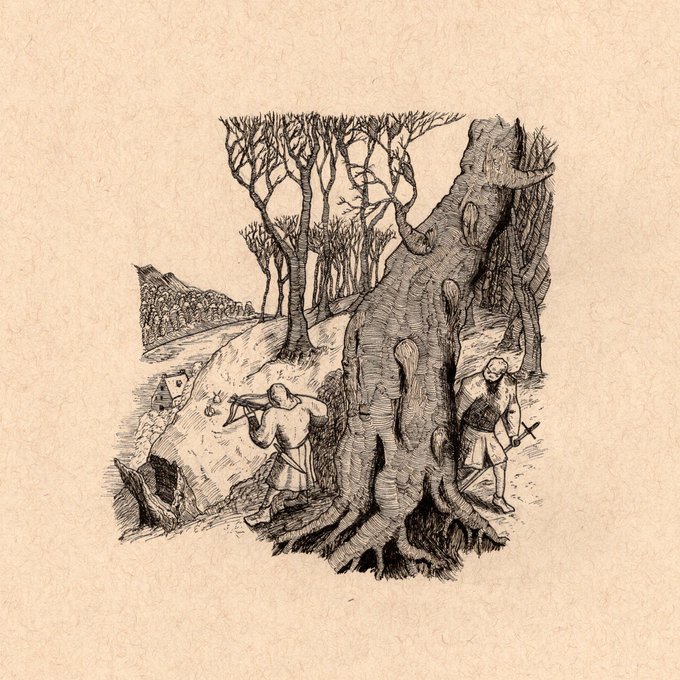 A detailed black-and-white ink illustration depicting a fantastical landscape with a large gnarled tree, small figures, and a cottage.