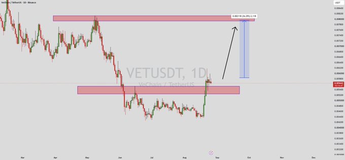 A 1-day (1D) candlestick chart of VET/USDT (VeChain/TetherUS) shows the price consolidating between two highlighted horizontal resistance/supply zones (around 0.0044-0.0046 and 0.0083-0.0089), with an annotation projecting a potential 20.21% upside move from a recent bounce. The setup visually supports the post's claim of a quiet bullish structure building beneath resistance, awaiting a confirmed breakout toward the upper target zone.
