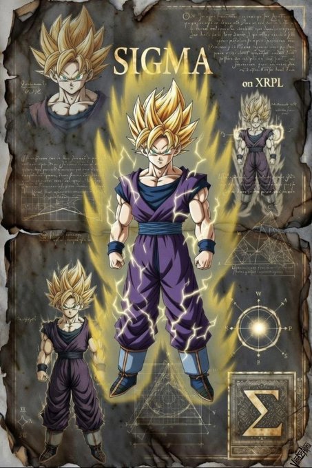 An artistic illustration of Goku from Dragon Ball Z in Super Saiyan form, displayed across multiple poses with the text "SIGMA on XRP" and a Sigma (Σ) symbol on a parchment-style background.