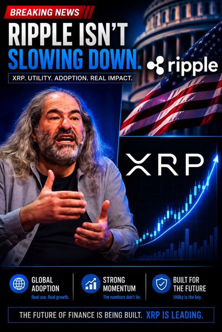 A breaking news-style graphic titled 'RIPPLE ISN'T SLOWING DOWN' features a bearded man speaking, an American flag, the Ripple logo, and an XRP chart showing upward momentum.