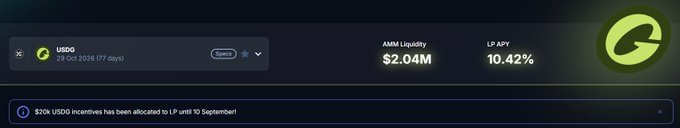 A AMM liquidity pool interface showing USGD with $2.04M AMM liquidity and 10.42% LP APY.