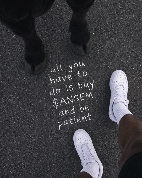 White sneakers and horse hooves frame chalk-written text on pavement reading "all you have to do is buy $ANSEM and be patient," visually reinforcing the post's straightforward advice to simply buy the $ANSEM ticker and hold.