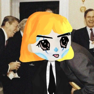 The image is a meme featuring a cartoonish crying character with orange hair crudely edited over a formal photo of men in suits, appearing to be from a political or business event. It humorously responds to a "Good morning bros, what's the ticker?" post by depicting an emotional, overdramatic reaction as if searching for a stock ticker.