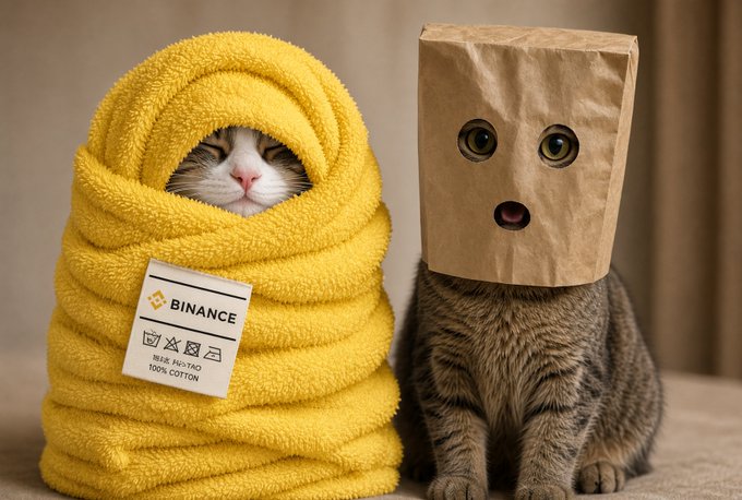 A cat peeks out from a yellow towel labeled "BINANCE" with care instructions, sitting next to a second cat wearing a brown paper bag with drawn-on facial features, creating a humorous and relatable scene of feline "chilling" together.