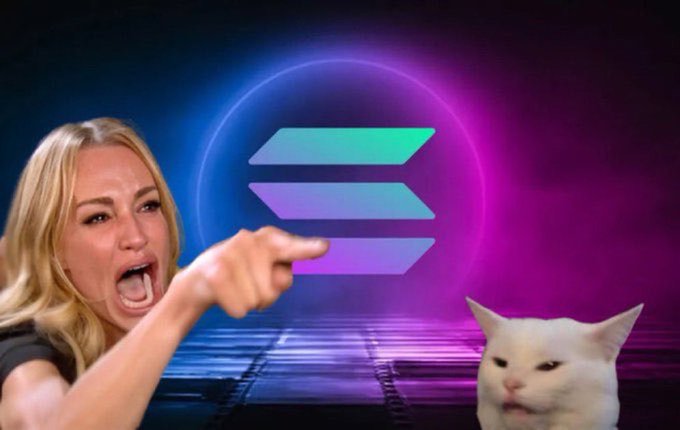 A woman with blonde hair angrily points toward a white cat with an unamused expression, set against a dark background featuring the purple and teal Solana logo.