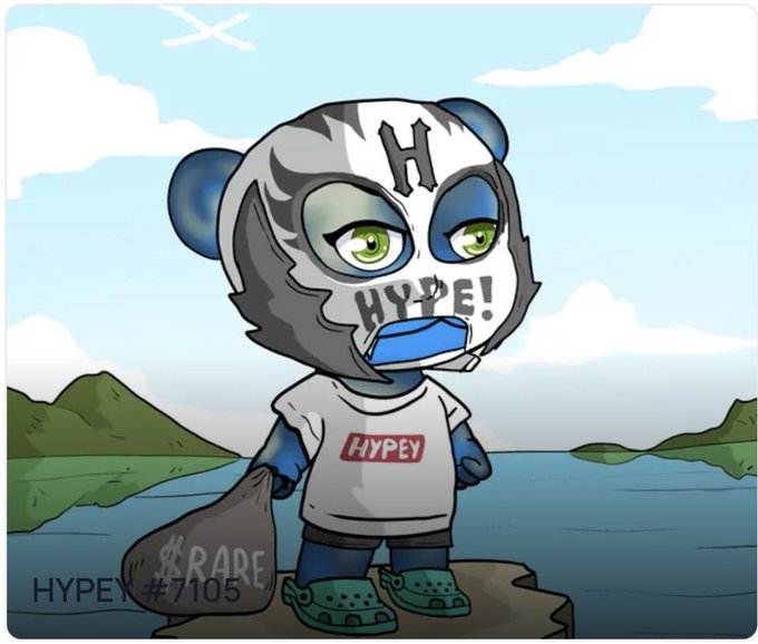 A digital illustration of a cartoon panda-like character wearing a 'HYPE!' shirt and holding a garbage bag labeled 'RARE,' marked as HYPEY #7105.