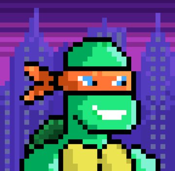 The image features a cartoon turtle with an orange band around its neck, standing against a city skyline backdrop. The turtle has a big smile on its face, giving off a cheerful vibe. The text "2 New 1/1 @playsolananft @playsolana Buys By Me Today See A Couple More I Will Get To In Mean Time But For Now I Present U With These 2 Rare Familiar Players #TMNT #scoobydoo". This post seems to be promoting a collection of Pokémon characters, with the turtle being one of them.
