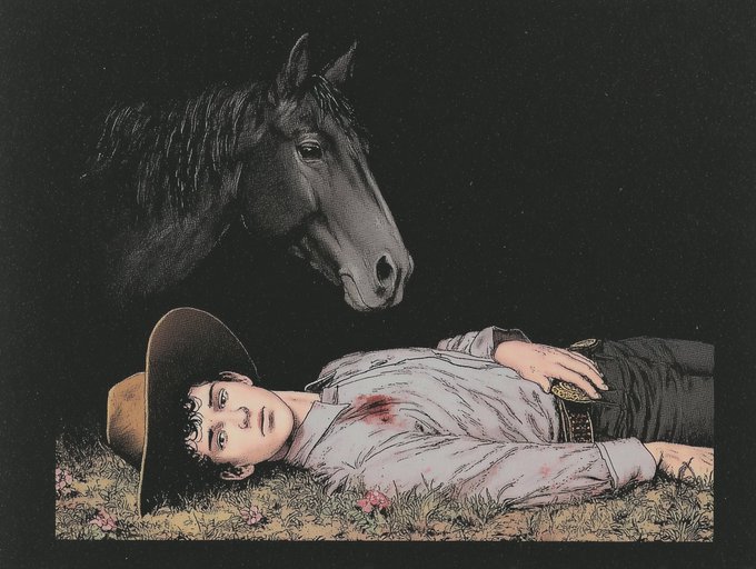 The image features a man lying down with his head resting on a horse's back, as if he has fallen asleep or taken a nap. The man appears to be wearing a cowboy hat, which adds to the overall western theme of the scene. The background is dark and out of focus, drawing attention to the man and the horse in the foreground.