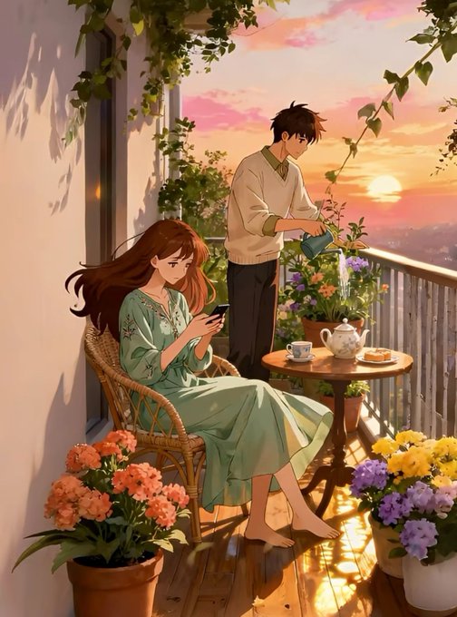 A young woman in a green dress sits on a wicker chair scrolling on her phone while a man tends to potted flowers on a balcony at sunset, with a small table set with tea. The image evokes the serene, personal side of "meaningful participation" mentioned in the @NucleusCodes post—contrasting Web3's technical infrastructure with quiet, human moments of connection and trust-building.