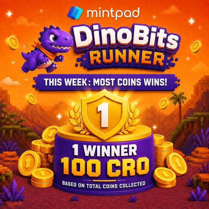 A colorful promotional graphic for a 'mintpad DinoBits RUNNER' competition, featuring a purple dinosaur mascot. Text reads: 'THIS WEEK: MOST COINS WINS!' and '1 WINNER 100 CRD BASED ON TOTAL COINS COLLECTED'.