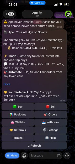 This Telegram chat shows the "Ape bot" on Solana, a trading bot that allows users to issue commands like "Buy 0.5 SOL of <ca>" and automate trades. It also displays the user's balance of 0.051 SOL ($4.11) and provides an option to copy their referral link.