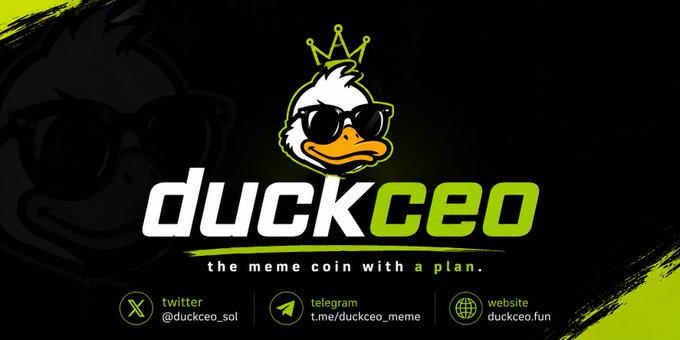 Logo graphic for 'duckceo' featuring a duck wearing sunglasses and a crown, described as 'the meme coin with a plan,' with links to twitter (@duckceo_sol), telegram, and website (duckceo.fun).