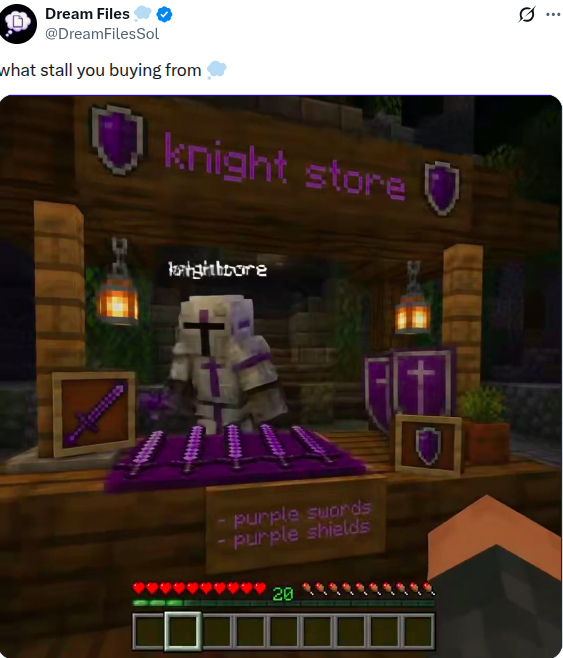 A screenshot from X by 'Dream Files' (@DreamFilesSol) asking 'what stall you buying from', showing a Minecraft 'Knight Store' selling 'purple swords' and 'purple shields' run by a player named 'knightbore'.