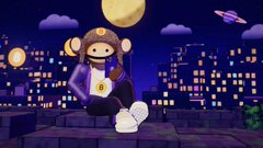 A cartoon monkey wearing headphones sits on a rooftop at night under a full moon, using a glowing laptop with an Apple logo, with a city skyline and planet in the background. The pixel-art style and relaxed vibe match the playful tone of someone sharing a fun, casual "good morning" vibe from Claude (Sonnet 5.5).