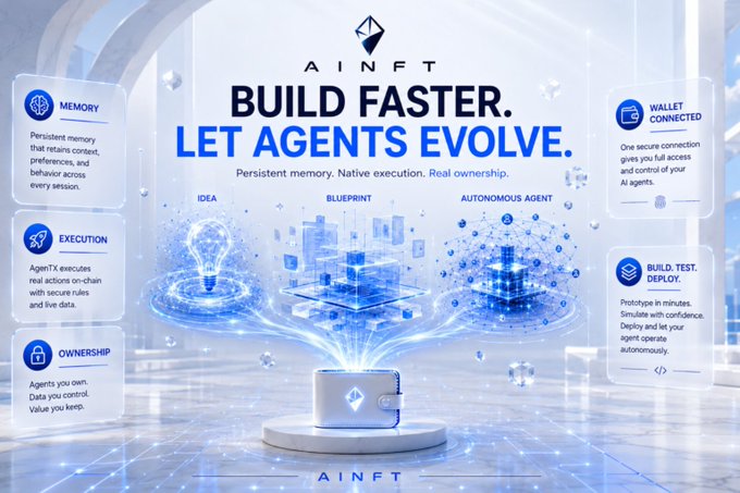 The image is a promotional graphic for AINFT titled "BUILD FASTER. LET AGENTS EVOLVE," highlighting features like Memory, Execution, Ownership, Wallet Connected, and Build/Test/Deploy, with a central visualization showing an "Idea" transforming through a "Blueprint" into an "Autonomous Agent." It visually reinforces the post's message by illustrating how AINFT's wallet-connected, memory-enabled platform bridges the gap from concept to autonomous execution, enabling builders to prototype and ship AI agents quickly.