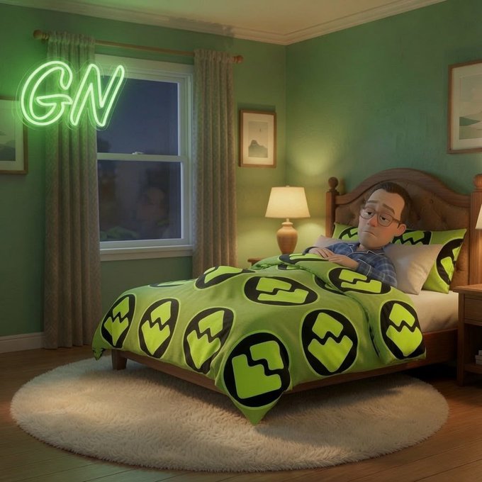 A 3D-rendered bedroom scene shows an older man with glasses sleeping in a bed with bright green bedding featuring black "G" logos, accompanied by a glowing green neon "GN" sign in the window.