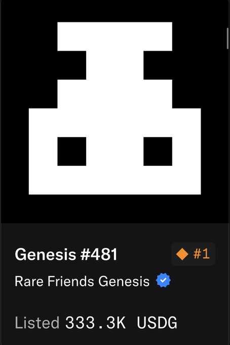 A digital NFT listing for 'Genesis #481' from the 'Rare Friends Genesis' collection, listed at 333.3K USDG with a #1 rarity rank.