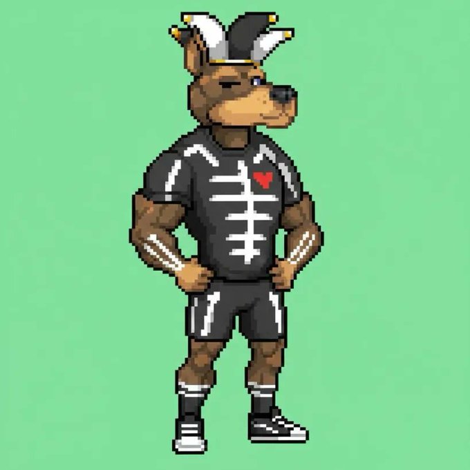 A pixel art illustration of a brown anthropomorphic dog character wearing a black and white skeleton-themed athletic outfit with a small red heart on the chest, set against a green background.