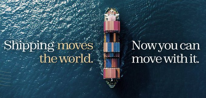 An aerial photograph of a cargo ship loaded with containers, overlaid with the text 'Shipping moves the world. Now you can move with it.'