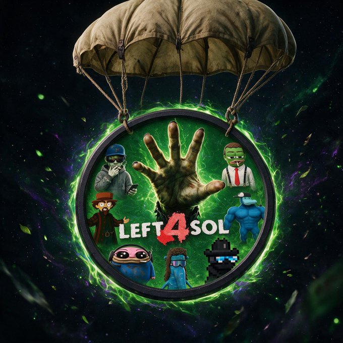 The cover art for the video game 'Left 4 Sol', showing various blocky character avatars and a large hand inside a green, glowing portal suspended by a parachute.