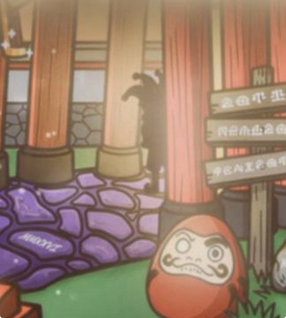 A red Daruma doll character with a stern face stands before a wooden signpost in a Japanese temple setting, with purple stone steps leading up to traditional architecture. The image ties to the post's NFT Fuzzy Card drop announcement, likely featuring the "Fuzzy" character as part of the exclusive 589 edition boxes.