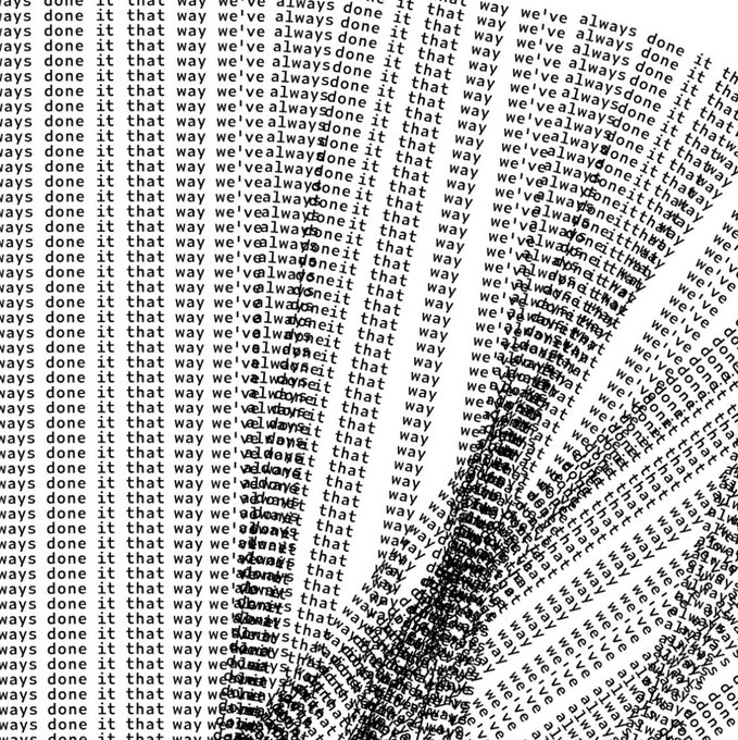 Repetitive text reading "we've always done it that way" fills the frame in a warped, cascading pattern, visually crumpling like a paper jam to critique institutional inertia. The work, titled "paper jam" by @MerchantCoppola, is available on objkt for $3.