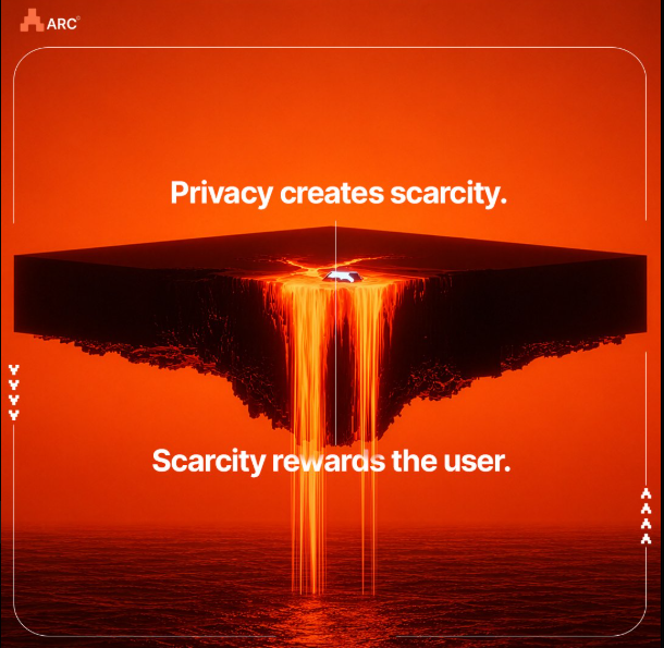 A stylized graphic with an orange-red color scheme, depicting an inverted floating landmass with a glowing waterfall pouring from its center, overlaid with the text "Privacy creates scarcity." and "Scarcity rewards the user." alongside the ARC logo.

The image visually reinforces the post's argument about ARC's privacy-driven value loop—showing privacy as a rare, concentrated resource (scarcity) that flows directly back to the user rather than being captured solely by the network, mirroring the fee distribution described (70% validators, 5% user rebate, 10% burned).