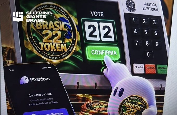 A finger presses the green "CONFIRMA" button on a Brazilian voting machine displaying "22," alongside a phone screen showing the Phantom wallet prompt to "Conectar carteira" and a "Brasil 22 Token" logo with the text "LIBERDADE + PROGRESSO + OPORTUNIDADE" and "SLEEPING GIANTS BRASIL," visually representing the controversial scheme that rewards people with cryptocurrency tokens for sharing pro-Bolsonaro voting content.