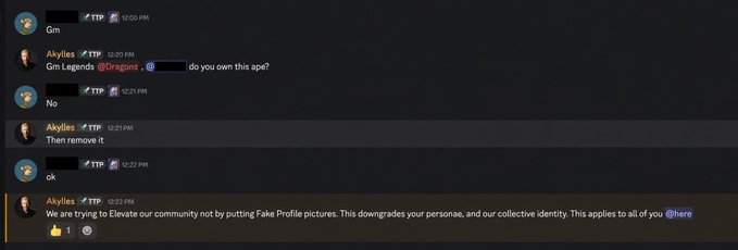 A Discord conversation in the 'Gm' channel shows a user named Akylles confronting another user about using fake profile pictures, stating: 'We are trying to Elevate our community not by putting Fake Profile pictures. This downgrades your persona, and our collective identity. This applies to all of you @here'