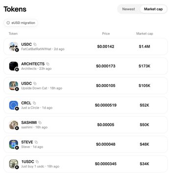 The image shows a "Tokens" dashboard listing recently created tokens including USDC ($0.00142, $1.4M), ARCHITECTS ($0.000173), and others with low market caps. This relates to the post's concern about a "noname bridge" minting unbacked eUSD, as the dashboard displays these questionable newly-minted tokens alongside real USDC, illustrating the proliferation of suspicious tokens following the USDC migration that users are unknowingly paying premiums for.