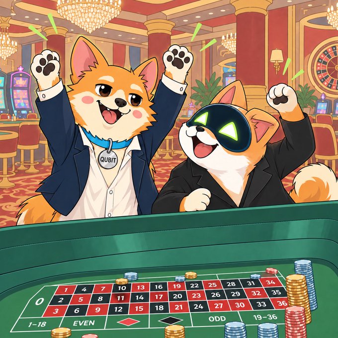 An anime-style illustration of two Shiba Inu dogs celebrating at a casino roulette table, one wearing a suit with a 'QUBIT' tag and the other wearing sunglasses with glowing green eyes.