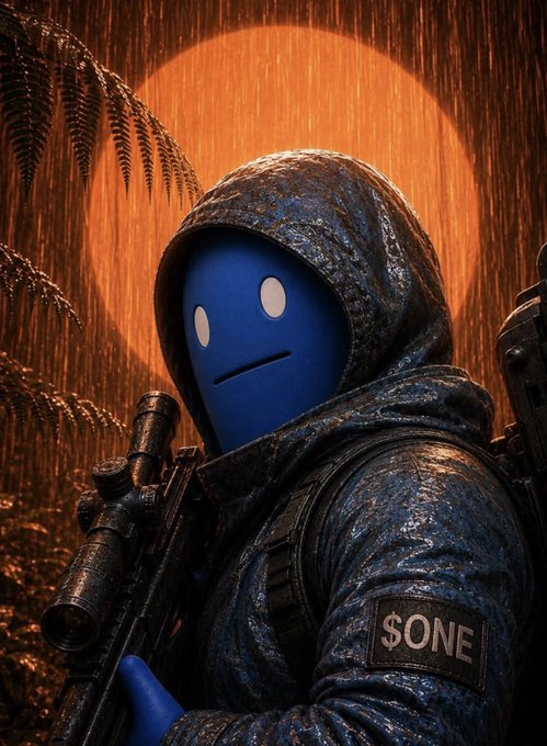 A stylized illustration features a blue character with simple white eyes wearing a wet hooded jacket and holding a sniper rifle, with a large orange moon and rain in the background, and a patch reading "$ONE".