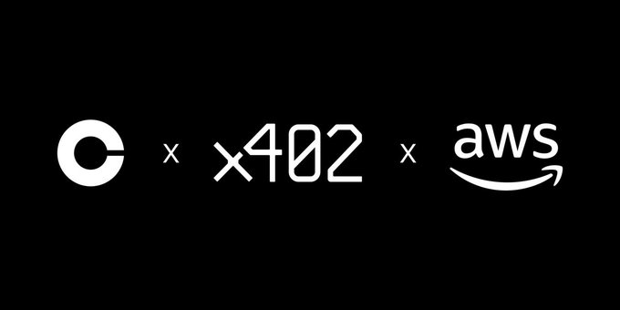 The image features a black background with white text that reads "Coinbase x402 @ coinbase" and "AWS x402 @ aws". The text is positioned above two logos - one for Coinbase and another for AWS. These logos are placed in the top left corner of the image, while the text is located in the center. The overall layout suggests a connection between these two companies or services that integrate payment processing capabilities into their platforms.