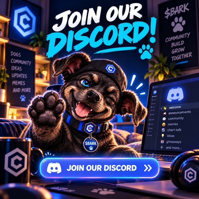 A vibrant promotional graphic featuring a smiling dog wearing a cap and collar invites viewers to 'JOIN OUR DISCORD!' for the $BARK community, highlighting channels for announcements, memes, and giveaways.