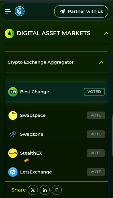 A mobile screenshot of the 'DIGITAL ASSET MARKETS' section showing a Crypto Exchange Aggregator with 'Best Change' marked as VOTED, along with Swapspace, Swapzone, StealthEX, and LetsExchange options.