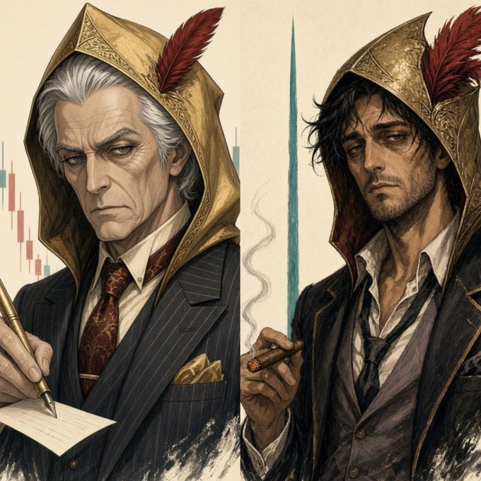 A stylized illustration showing two men side by side wearing gold hoods with red feathers, one in a pinstripe suit with a pen and the other smoking a cigar, with stock chart candles faintly in the background.