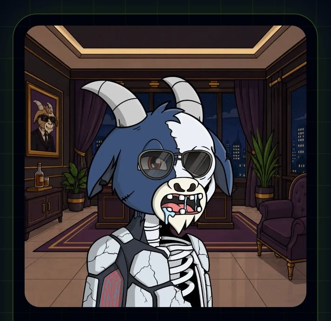 Animated illustration of a zombie goat character wearing sunglasses and showing exposed bones, set in an elegant room with curtains, a portrait of another goat on the wall, and a city skyline view at night.
