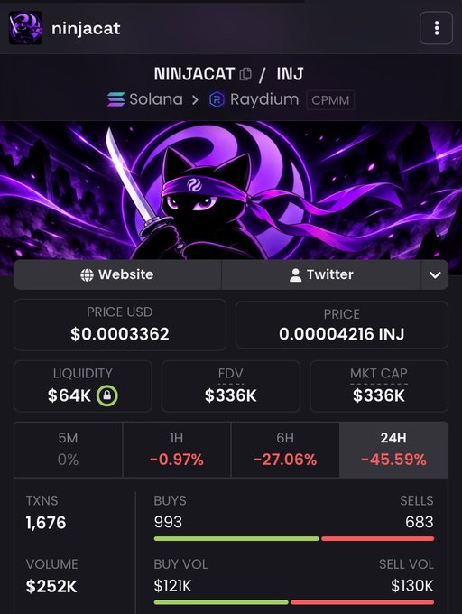 A crypto token information page for 'ninjacat' (NINJACAT/INJ) on Solana via Raydium CPMM, showing a price of $0.00003362, liquidity of $64K, market cap of $336K, and significant 24H decline of -45.59%.