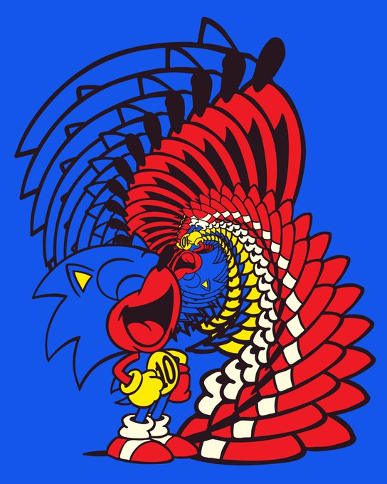 An artistic illustration of a Sonic the Hedgehog-like character with a massive, elaborate red, white, and yellow feathered crest/mane against a blue background.