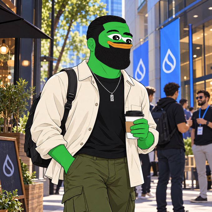 A cartoon-style illustration of a green-skinned humanoid character with a beard wearing a beige overshirt, black t-shirt, and cargo pants, holding a coffee cup in an urban setting with storefronts and people in the background.