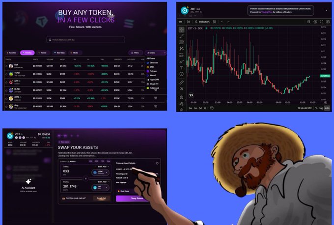 A collage featuring cryptocurrency trading platforms including a token buy interface and charts for ZBT/USDT, alongside a cartoon cowboy with a pipe in a meme-style composition.