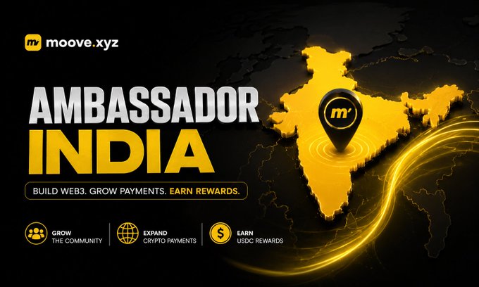 A promotional graphic for 'moove.xyz' advertising an 'AMBASSADOR INDIA' program with a glowing map of India and pin, featuring 'BUILD WEB3. GROW PAYMENTS. EARN REWARDS' and benefits like 'GROW THE COMMUNITY', 'EXPAND CRYPTO PAYMENTS', and 'EARN USDC REWARDS'.