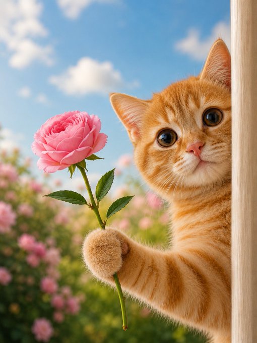 An AI-generated image of an adorable orange tabby kitten peeking from behind a wooden surface while holding a pink rose in a field of flowers under a blue sky.