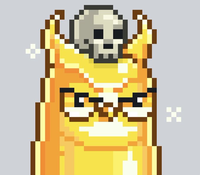 A pixel art portrait of a figure with a skull on top of its head, wearing orange and yellow robes, set against a light blue background.